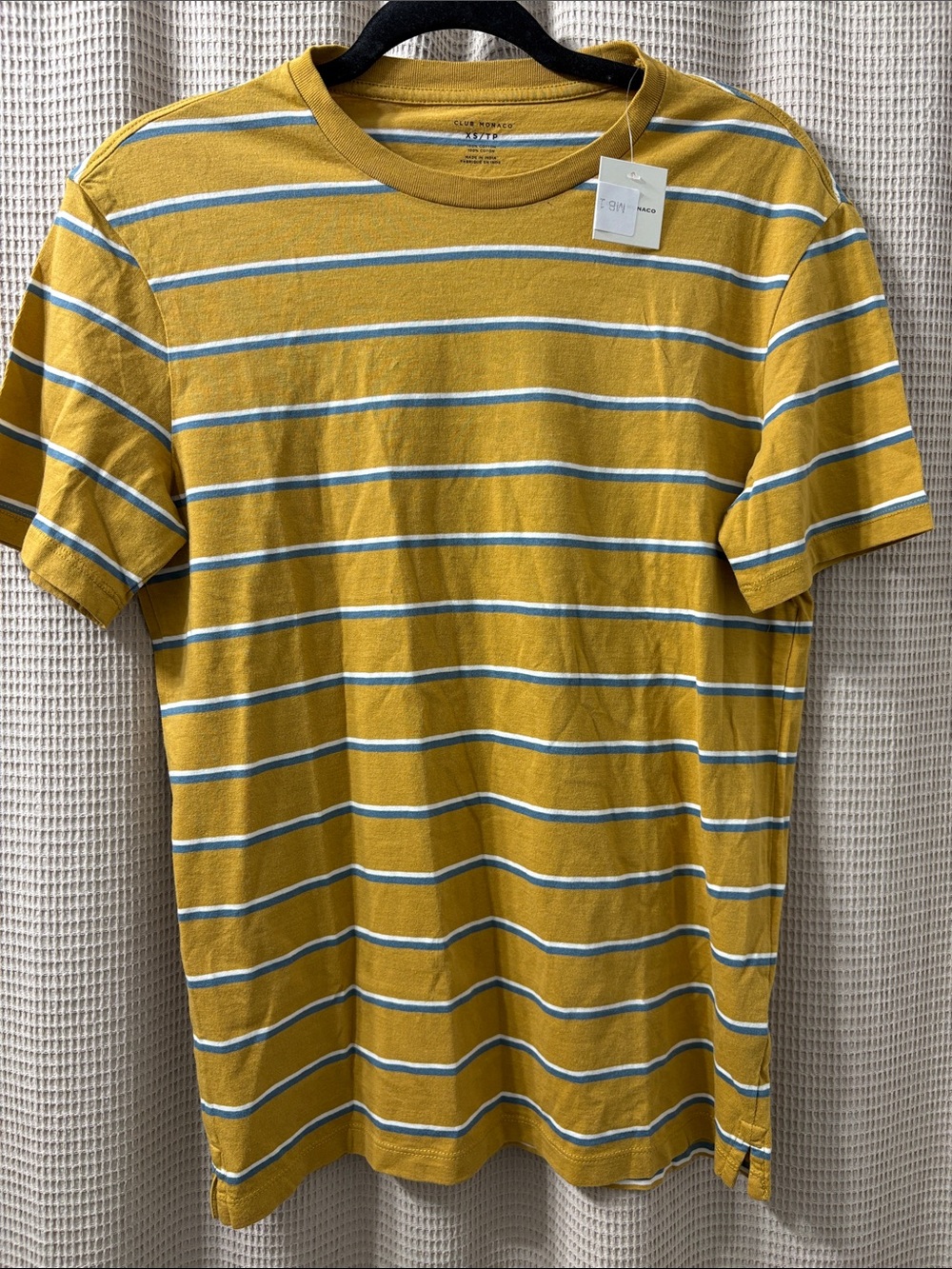 Club Monaco Striped Crewneck Tee in Mustard Yellow with White & Blue Stripes